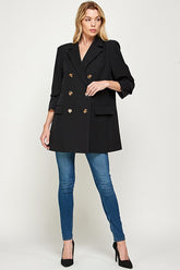 Women's Double-Breasted Black Blazer – Classic Longline Jacket with Gold Buttons
